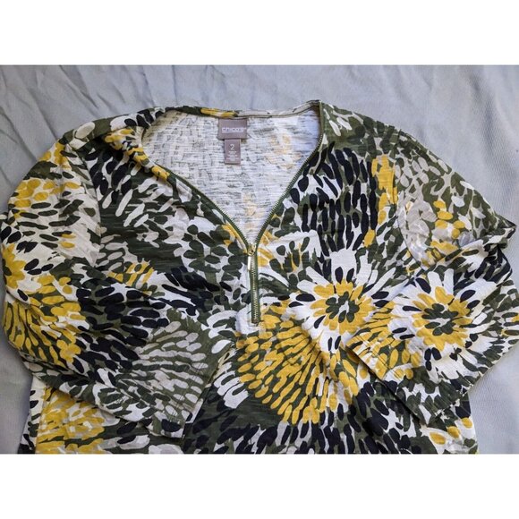 Chicos Top Green Yellow Floral Half Zip V Neck 3/4 Sleeve Womens Size M - Picture 2 of 7